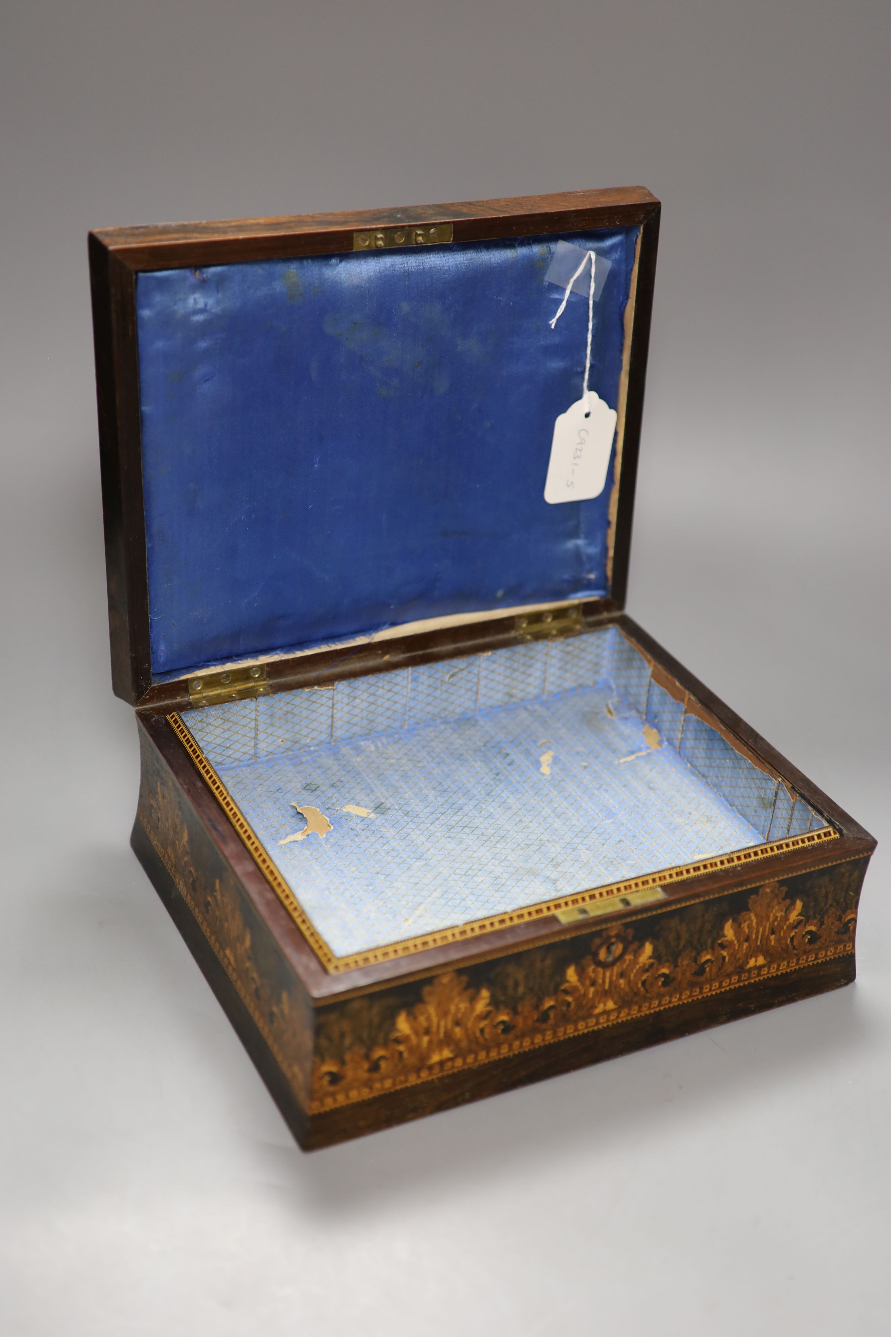 A Tunbridge ware 'Bayham Abbey' rosewood and tesserae mosaic sewing box, probably Hollamby, 2nd half 19th century, 26.5cm